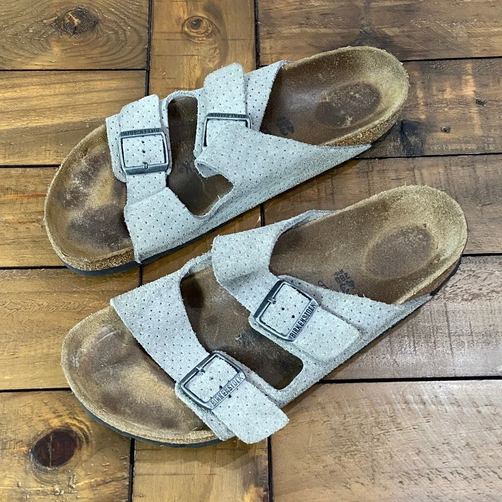 Birkenstock Arizona Perforated Grey Suede Sandals Mens 43 L12 M10 Slide Stone